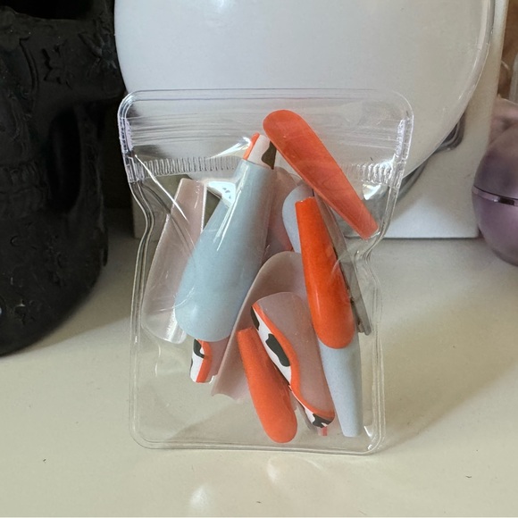 3/$15 Coffin Fake Nails Orange, Gray, and Cow Print Long Coffin - Picture 2 of 4